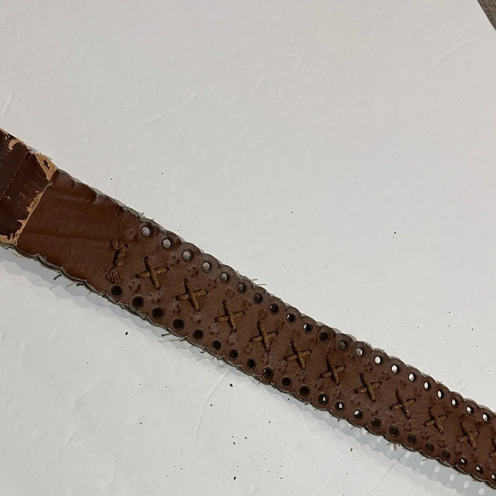 Weathered Brown faux Leather Belt with Brass Accents 29-33”